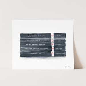 Book Art Print, Custom Black Paperbacks, Favorite Books Watercolor Painting, Literature Inspired Gift, Preppy Book Club Gift, Keepsake Art