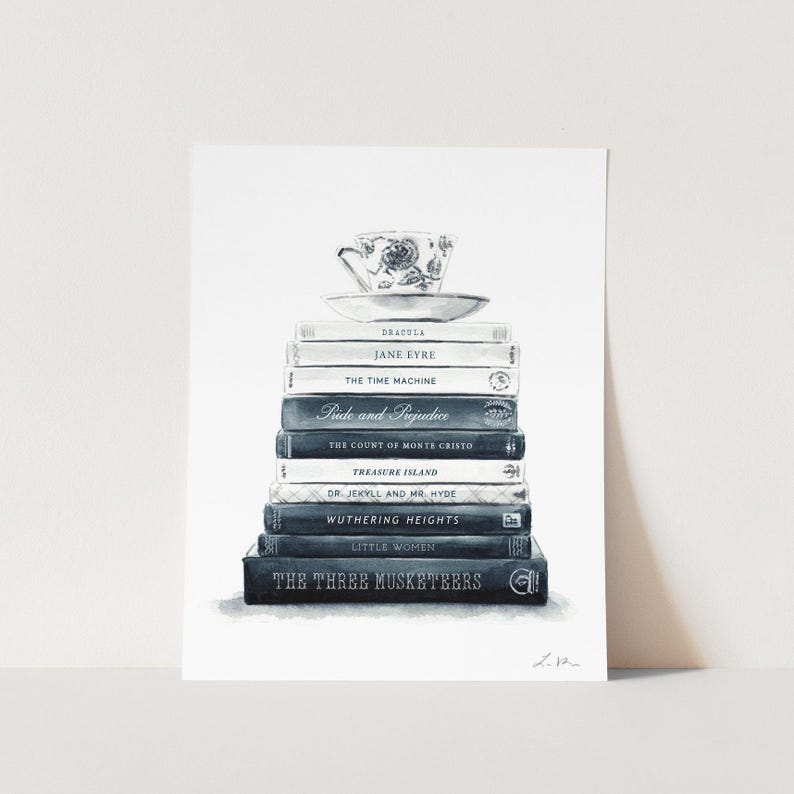 Lámina artística personalizada con diseño de libro n.° 4, arte personalizado para biblioteca con pilas de libros, regalo literario, decoración de pared con diseño de libro, regalo de agradecimiento para profesores, regalo de graduación. imagen 1