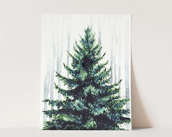 Art Print Christmas Tree in the Woods Watercolor Painting Wall Home Decor Evergreen Forest Green Gift for Her
