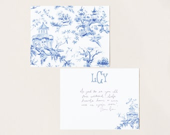 Light Blue Chinoiserie Toile Monogram Stationery, Personalized Notecard Set, Southern Stationery Suite, Custom Preppy Monogrammed Gift