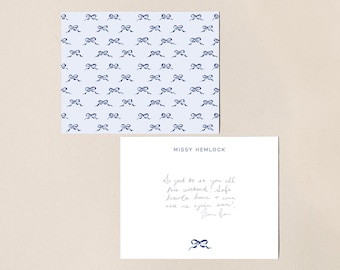 Something Blue Ribbon Bow Print Notecards, Custom Stationery Suite, Vintage Preppy Hostess Gift, Pretty Pattern, Cute Personalized Cards