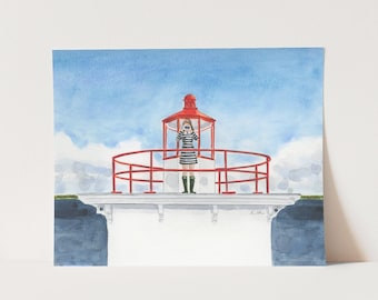 Art Print Lighthouse Girl in Striped Dress - Summer Landscape Seascape Coastal Light House Figural Preppy Fashion Illustration