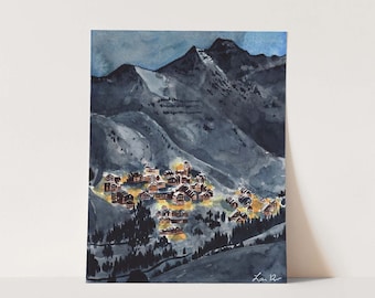 Art Print Winter Scene Mountain Village Watercolor Painting Wall Home Decor Night Landscape Snowy Landscape Ski Lodge Christmas