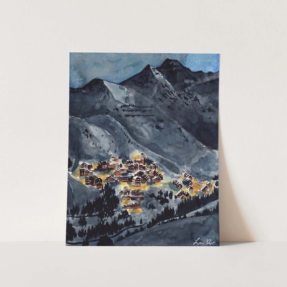 ART PRINT Winter Scene Mountain Village Watercolor Painting - Etsy