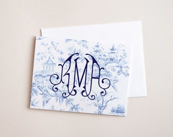 Personalized Stationery - Ornate Monogram on Blue Chinoiserie Toile - Customized Note Cards Stationery Suite Wedding Bridesmaid Gift for Her