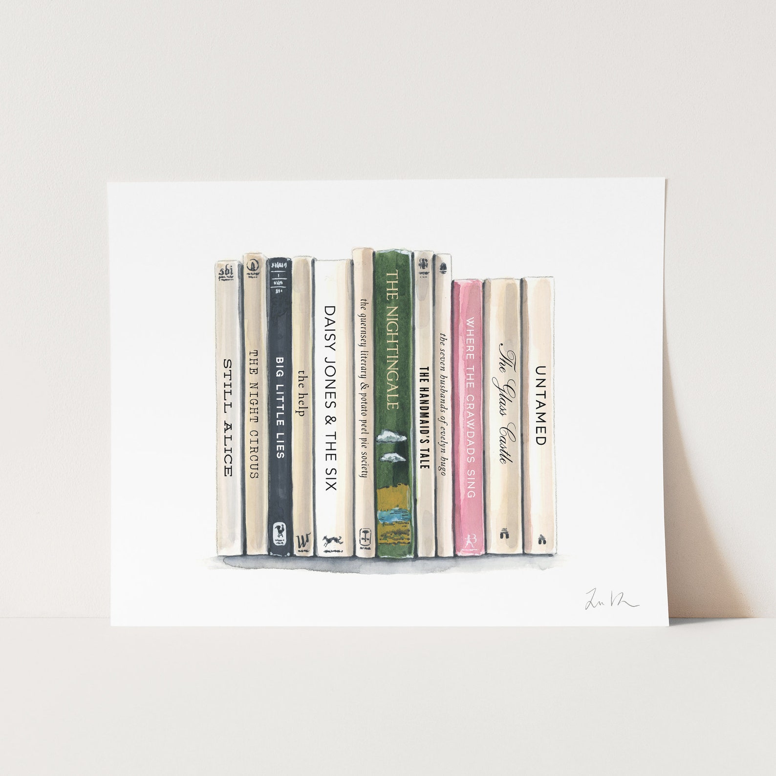 A white page with an illustration of twelve book spines.