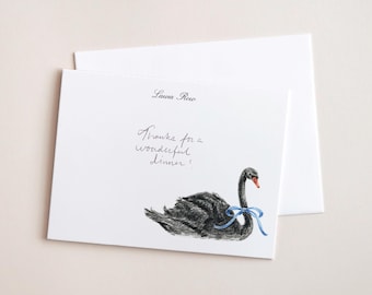 Personalized Black Swan Notecard Set, Illustrated Stationery Cards, Elegant Gift Set for Her