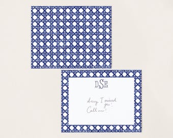 Preppy Cane Pattern Notecards, Personalized Navy Blue Grandmillennial Stationery, Custom Family Note Card Set, Classic Style Hostess Gift