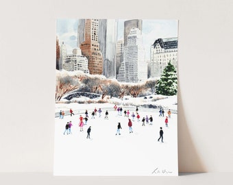 Central Park Ice Skating Art Print, New York Winter Watercolor, Ice Skaters Painting, NYC Wall Art, New Yorker Gift, Manhattan Holiday Decor