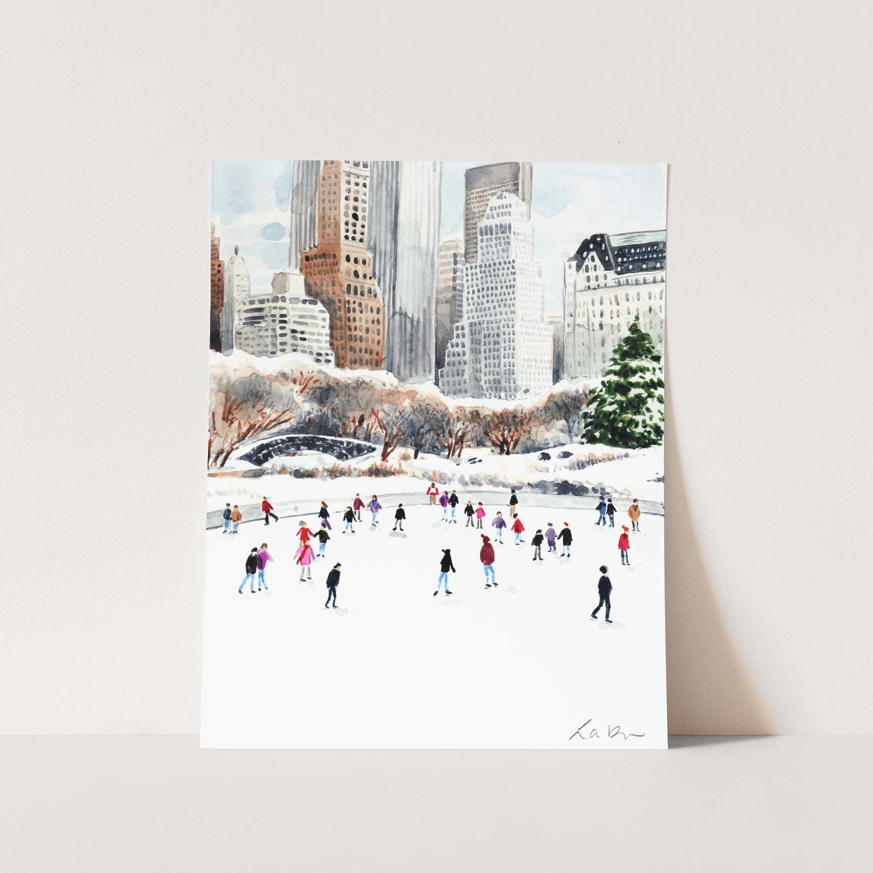 Central Park Ice Skating Art Print Watercolor Painting Wall | Etsy