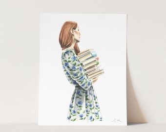 Bookstore Girl Art Print, Redhead Girl Reading Painting, Preppy Book Art, Book Lover Gift, Library Book Watercolor, College Girl Gift