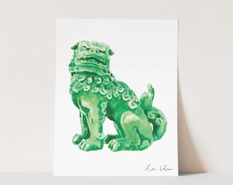 Art Print Green Foo Dog No. 2 - Chinoiserie Chic Asian Chinese Green Jade Statue Southern Style Preppy Antique Vintage