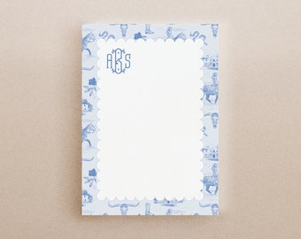 Blue Retro Cowgirl Toile Notepad, Southern Preppy Note Pad, Custom Texas Wedding Gift, Personalized Stationery, Monogram Bridal Gift