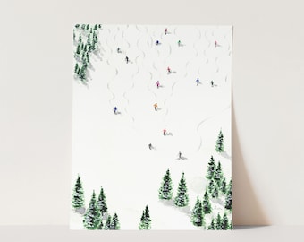 Aspen Ski Vacation Art Print No. 1 - Snowy Mountain Art, Winter Chairlift Art, Whimsical Art, Colorado Apres Ski Poster, Watercolor Painting