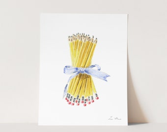 Pencil Bouquet Art Print, School Teacher Appreciation Gift, Writer Painting, Back to School Watercolor, Education Decor, Educator Gift