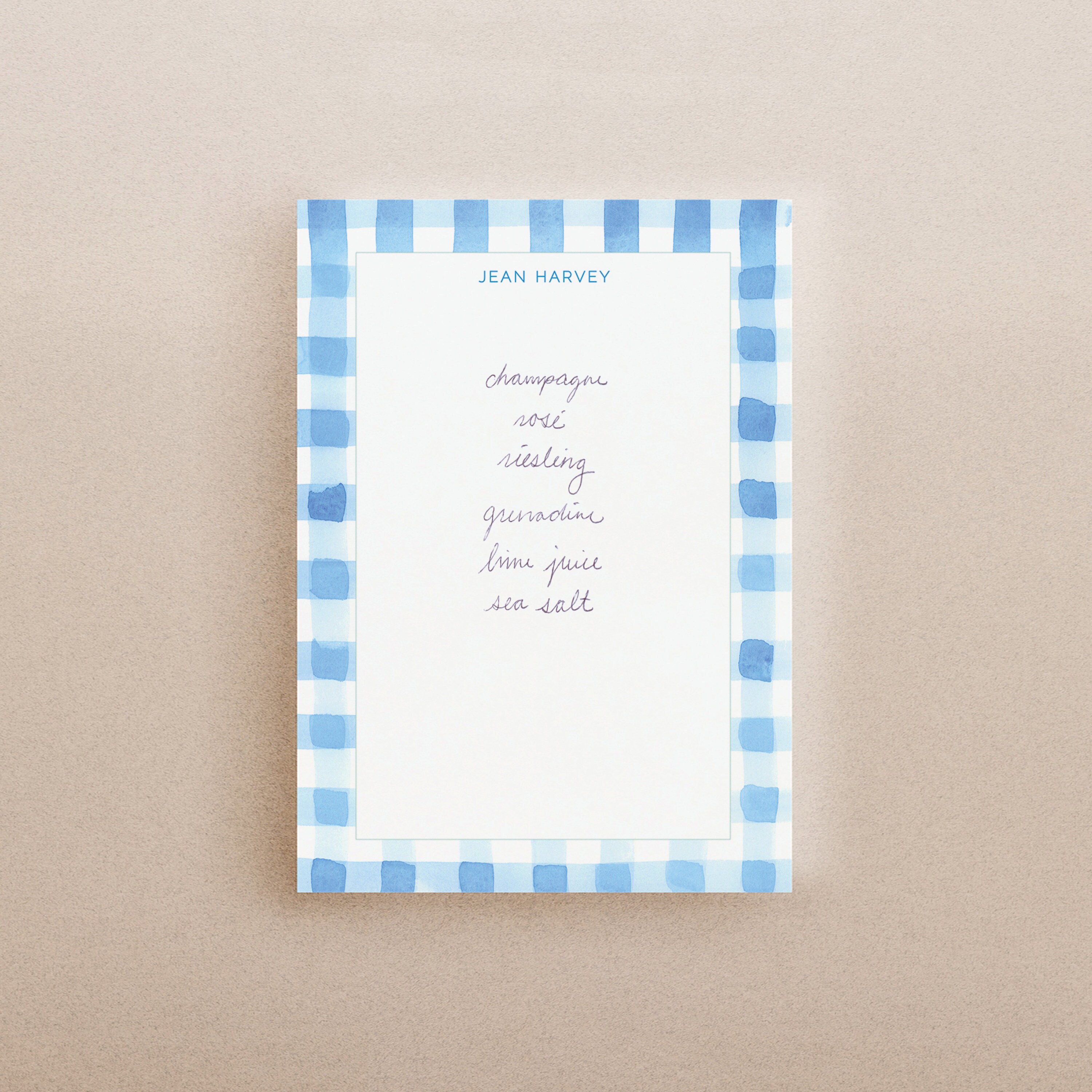 Personalized Notepad Blue Gingham Pattern - Your Name or Message - Chic Preppy New England Office Style Note Pad Bridesmaid Gift