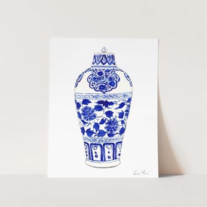 Art Print Blue and White Ginger Jar No. 1 - Preppy Wall Decor, Chinoiserie Art, Watercolor Painting, Grandmillennial Art, Pretty Art Print