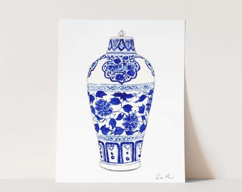 Art Print Blue and White Ginger Jar No. 1 - Preppy Wall Decor, Chinoiserie Art, Watercolor Painting, Grandmillennial Art, Pretty Art Print