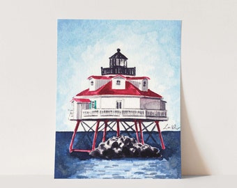 Impression d'art Phare de Thomas Point Shoal, aquarelle, décoration murale nautique, phare de plage, bateau de la baie de Chesapeake