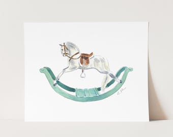 Impression d'art pour chambre d'enfant équestre, décoration murale classique de cheval à bascule, cadeau traditionnel de baby shower, style grand-millénaire, aquarelle pour chambre d'enfant
