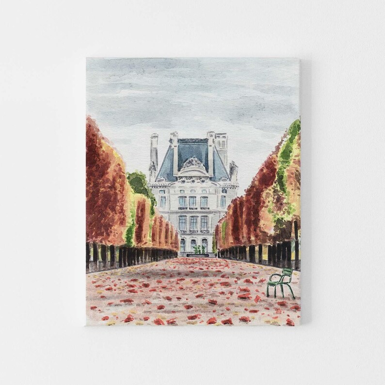 Autumn in Paris Art Print, Tuileries Gardens Palace, Fall Watercolor Home Decor, Paris Architecture Painting, Whimsical Apartment Wall Art image 3