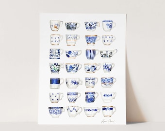 Blue and White Teacups Art Print, Chinoiserie Watercolor Painting, English Tea, Preppy Home Decor, Palm Beach Style, Grandmillennial Art