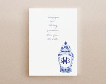 Monogrammed Ginger Jar Notepad, Custom Blue and White Stationery, Personalized Chinoiserie Note Pad, Chic Monogram, Southern Hostess Gift