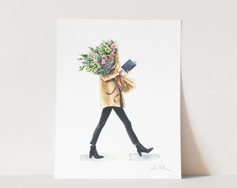 Flowers and Book Girl Art Print, Bookish Watercolor, Fashion Illustration, Reading Painting, Whimsical Bookshelf Home Decor, Book Lover Gift