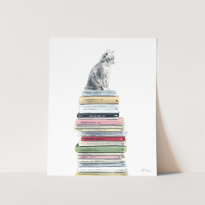 Bookstore Cat Art, Book Watercolor Illustration, Cat Lover Gift, Book Lover Gift, Kitten Art Print, Library Art Print, Bookshop Home Decor image 1