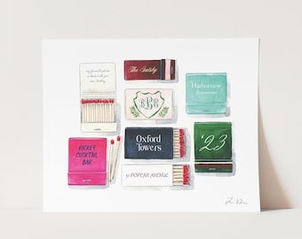 Impresión artística de cajas de cerillas personalizadas para bar, regalo de aniversario para parejas, arte de cerillas para restaurantes elegantes, arte de cajas de cerillas para bodas, pintura de acuarela