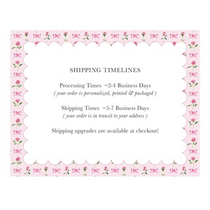 a shipping timeline for a personalized, printed, and packaged order. The order is processed in 2-4 business days, and the shipping times are 5-7 business days. The shipping upgrades are available at checkout.