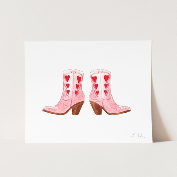 Pink Cowboy Boots Art Print, Cowgirl Decor, Texas Watercolor Painting, Nashville Fashion Illustration, Cowgirl Nursery, Western Aesthetic