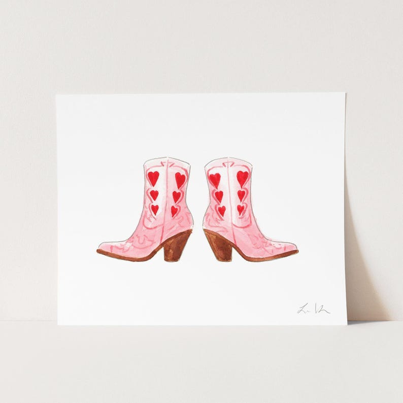 Pink Cowboy Boots Art Print, Cowgirl Decor, Texas Watercolor Painting, Nashville Fashion Illustration, Cowgirl Nursery, Western Aesthetic image 1