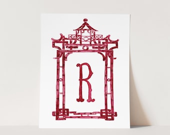 Burgundy Letter Art Print, Personalized Family Art, Red Chinoiserie Watercolor, College Girls Dorm Painting, Sorority Wall Decor