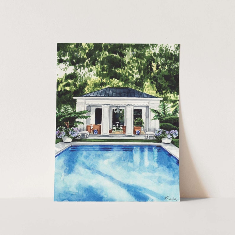 Pool House Art New England Painting Palm Trees Print Water Art Etsy