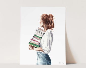 Art Print Library Girl - Book Art Print, Book Print, Book Wall Art, Book Lover Art, Reader Gift, Bookshelf Decor, Library Book Watercolor