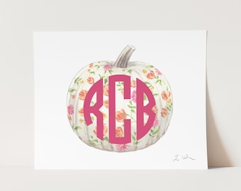Preppy Floral Monogram Pumpkin Art Print, Personalized Southern Sorority Fall Decor, Cute Pink Halloween, Custom Autumn Watercolor Painting