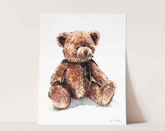 Art Print Teddy Bear No. 3 Painting Brown Bear Nursery Decor Stuffed Animal Watercolor Baby Shower Gift Baby Boy Gift Canvas Art