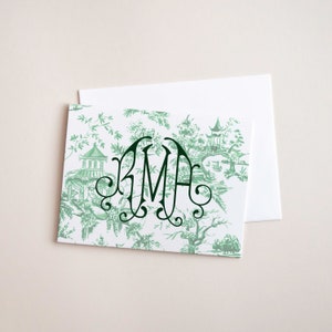 Green Monogram Chinoiserie Toile Stationery, Personalized Notecards, Bridesmaid Gift, Southern Preppy Hostess Gift, Grandmillennial Style