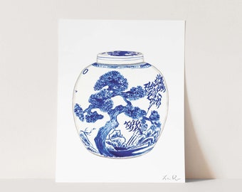 Art Print Blue and White Ginger Jar No. 9 - Preppy Wall Decor, Chinoiserie Art, Watercolor Painting, Grandmillennial Art, Palm Beach Style