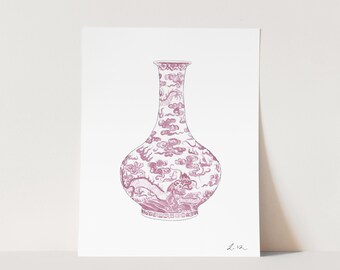 Soft Pink Chinese Vase Art Print, Southern Preppy Teen Girls Room Decor, Chinoiserie Watercolor Painting, College Apartment Gift for Her