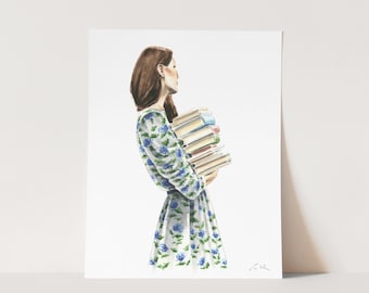 Book Girl Art Print, Brunette Girl Library Painting, Whimsical Book Lover Gift, Reading Books Watercolor, Bookshelf Decor, Apartment Art