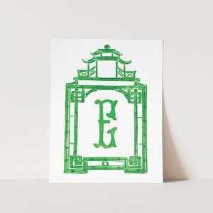 Preppy Green Pagoda Custom Initial Art Print, Monogram Southern Chinoiserie Home Decor, Palm Beach Style, Grandmillennial Watercolor Art