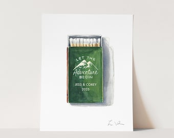 Couples Adventure Matchbook Art Print, Custom Wedding Matches Painting, Mountain Art, Nature Lover Wedding, Anniversary Keepsake Watercolor
