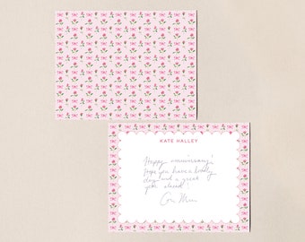 Pink Roses and Bows Stationery, Personalized Coquette Notecard Set, Custom Feminine Floral Scalloped Note Cards, Bridesmaid Proposal Gift