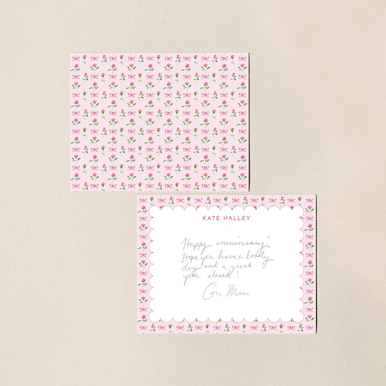 Pink Roses and Bows Stationery, Personalized Coquette Notecard Set, Custom Feminine Floral Scalloped Note Cards, Bridesmaid Proposal Gift image 1