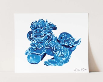 Art Print Chinese Foo Dog Blue Vintage Statue Dragon Asian Decor Chinoiserie Chinese Antique Ming Vase Hollywood Regency