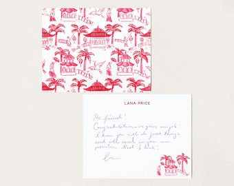 Red Pagoda Pattern Stationery in Red, Watercolor Chinoiserie Notecards, Monogrammed Gift, Southern Preppy, Grandmillennial, Bridesmaid Gift