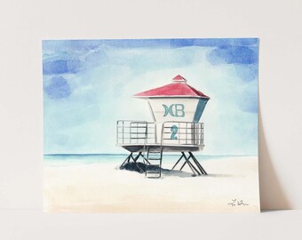 Huntington Beach Art Print, Southern California Beach Art, Lifeguard Tower Art, Coastal Wall Decor, Surf Art, Watercolor Painting