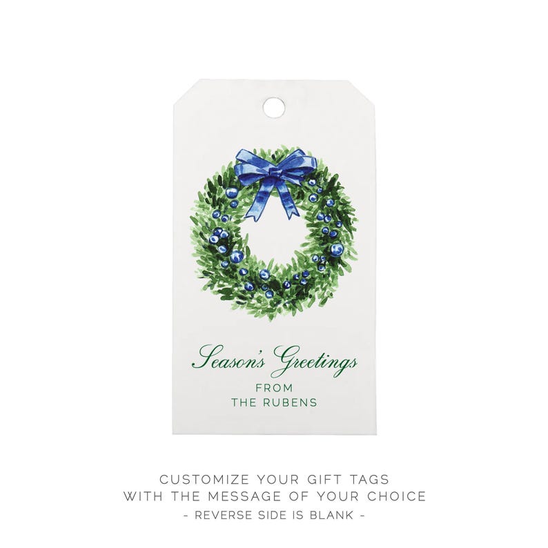 Custom Christmas Gift Tags, Holiday Wreath Watercolor Tags, Chic Holiday Wrapping, Personalized Preppy Gift Wrap, Festive Hostess Gift image 3